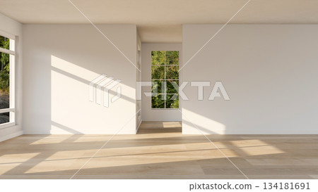Empty mockup room with sunlight through glass window shining on white wall and wooden parquet floor. Empty mockup room with sunlight through glass window shining on white wall and wooden parquet floor. 134181691