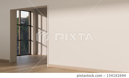 Empty white wall room with sunlight shining on wooden parquet floor and scenery outside glass window Empty white wall room with sunlight shining on wooden parquet floor and scenery outside glass window 134181694