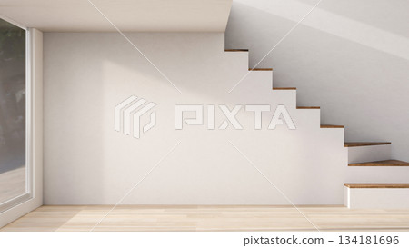 Empty mockup room with stairs and sunlight through glass door on white wall and wooden parquet floor Empty mockup room with stairs and sunlight through glass door on white wall and wooden parquet floor 134181696