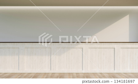 Empty mockup room with ceiling lights and sunlight shining on white wall and wooden parquet floor. Empty mockup room with ceiling lights and sunlight shining on white wall and wooden parquet floor. 134181697