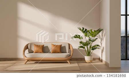 A green houseplant in pot aside sofa couch on carpet over wooden parquet floor in modern living room A green houseplant in pot aside sofa couch on carpet over wooden parquet floor in modern living room 134181698