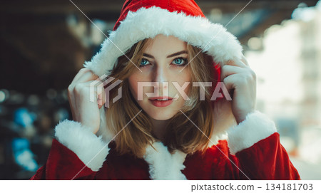 一位身穿聖誕老人連帽外套的女士 134181703
