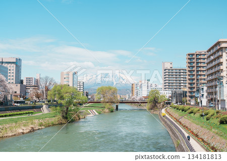 Beautiful Iwate mountain and Kitakami river with flowers blooming in Spring season, cityscape against blue sky in Morioka city, Iwate prefecture, Japan. Iwate, Japan, 24 April 2025 Beautiful Iwate mountain and Kitakami river with flowers blooming in Spring season, cityscape against blue sky in Morioka city, Iwate prefecture, Japan. Iwate, Japan, 24 April 2025 134181813