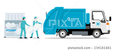 Sanitation department, garbage collection, press trucks and staff 134181881