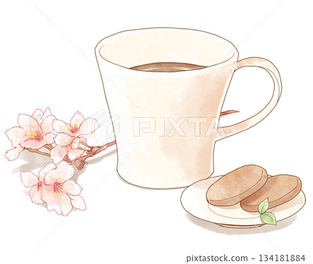 以櫻花和杯子為主題的春日咖啡館插畫 134181884