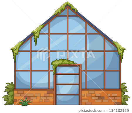 Abandoned Glass Greenhouse Covered With Overgrown Moss Vines 134182129
