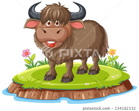 Cartoon Yak Standing on Grassy Island with Flowers 134182132
