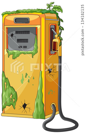 Overgrown Abandoned Gas Pump with Cracks and Vines 134182135