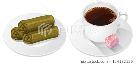 Turkish Coffee and Baklava Rolls on White Plates 134182136