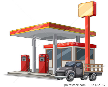 Vintage Pickup Truck at Retro Gas Station Illustration Vintage Pickup Truck at Retro Gas Station Illustration 134182137