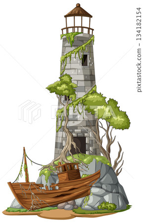 Abandoned Lighthouse and Shipwreck on Rocky Island Cliff Abandoned Lighthouse and Shipwreck on Rocky Island Cliff 134182154