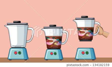 Hand Lifting Blender with Colorful Ingredients on Counter 134182159