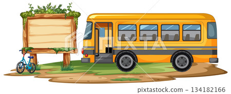 Yellow School Bus Parked Beside Rustic Wooden Signboard 134182166
