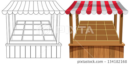 Empty Wooden Market Stall with Striped Canopy Front View 134182168