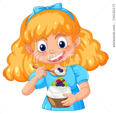 Smiling Girl Eating Fruit Yogurt Dessert with Spoon 134182171
