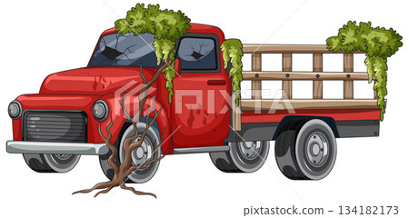 Abandoned Red Pickup Truck Overgrown With Vegetation Abandoned Red Pickup Truck Overgrown With Vegetation 134182173