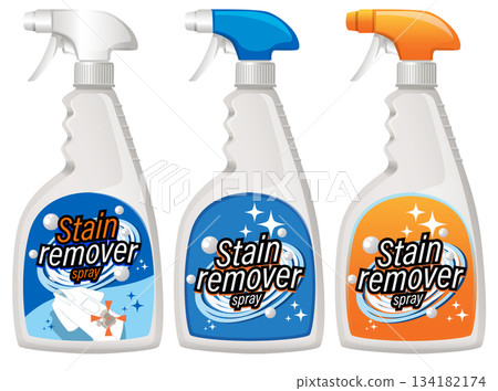 Three Stain Remover Spray Bottles with Colorful Labels Three Stain Remover Spray Bottles with Colorful Labels 134182174