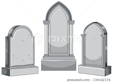 Set of Gray Gothic Tombstones Vector Illustration 134182178
