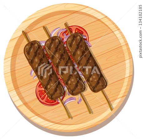 Grilled Meat Skewers on Wooden Plate with Vegetables Grilled Meat Skewers on Wooden Plate with Vegetables 134182185