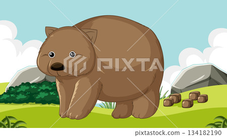 Cartoon Wombat Standing on Grassy Hill in Nature 134182190