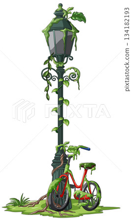 Overgrown Bicycle and Lamp Post in Abandoned Urban Setting 134182193