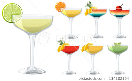 Colorful Cocktail Vector Illustration with Citrus Garnishes 134182194