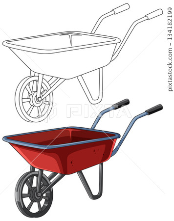 Red Wheelbarrow Vector Illustration with Outline Version 134182199