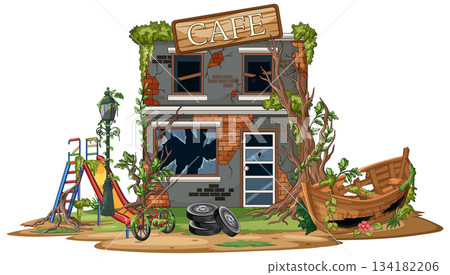 Abandoned Cafe Overgrown With Vines and Playground Debris Abandoned Cafe Overgrown With Vines and Playground Debris 134182206