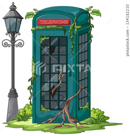 Overgrown Abandoned Telephone Booth with Broken Glass and Vines Overgrown Abandoned Telephone Booth with Broken Glass and Vines 134182210