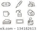 Infection prevention medical icon set (black and white) (mask, hand washing, disinfection, temperature check) [handwritten in crayon] 134182613