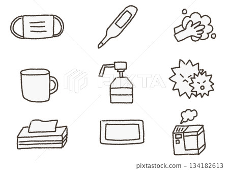 Infection prevention medical icon set (black and white) (mask, hand washing, disinfection, temperature check) [handwritten in crayon] 134182613