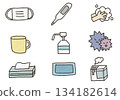 Infection prevention medical icon set (mask, hand washing, disinfection, temperature check) [Crayon handwritten] 134182614