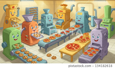 Picture book style. Food factory production line and quality control 134182618