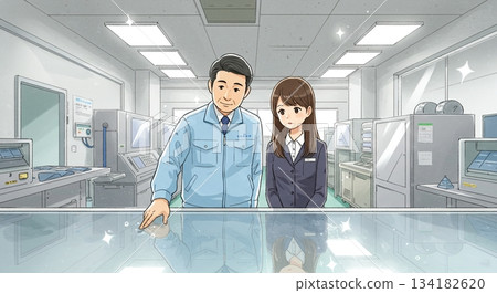 圖畫書風格。插圖描繪了孩子和工作人員在食品工廠裡聽講解的情景。 134182620