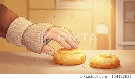 圖畫書風格。用溫暖的筆觸描繪出看起來美味可口的鬆餅和烘焙食品。 134182621