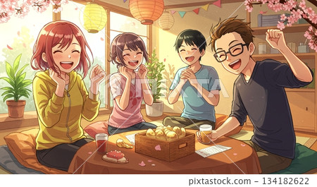 圖畫書風格。描繪了一個笑容滿面的家庭正在享受快樂用餐時光的插圖。 134182622