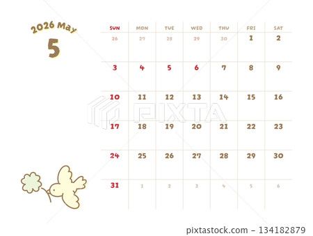 May 2026 Calendar - Illustration of a Little Bird and Four-Leaf Clover 134182879