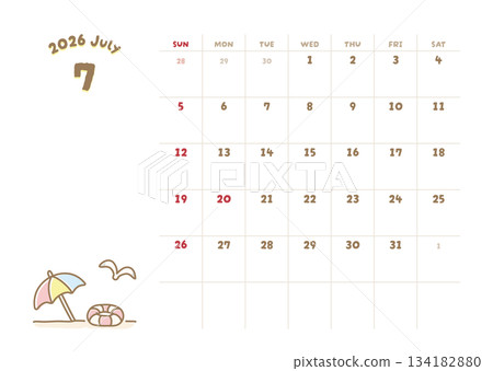 2026年7月日曆 夏季海洋與沙灘插圖 2026年7月日曆 夏季海洋與沙灘插圖 134182880