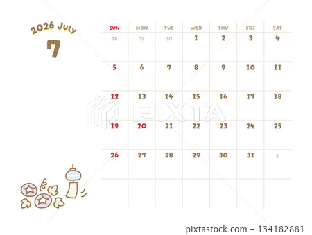2026年7月曆 夏季牽牛花和風鈴插圖 2026年7月曆 夏季牽牛花和風鈴插圖 134182881