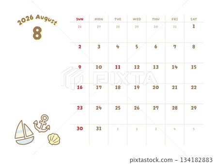 August 2026 Calendar Summer Sea Illustration August 2026 Calendar Summer Sea Illustration 134182883