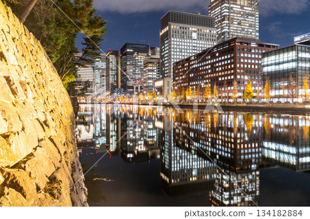 Tokyo: The night view of Marunouchi reflected in the moat Tokyo: The night view of Marunouchi reflected in the moat 134182884