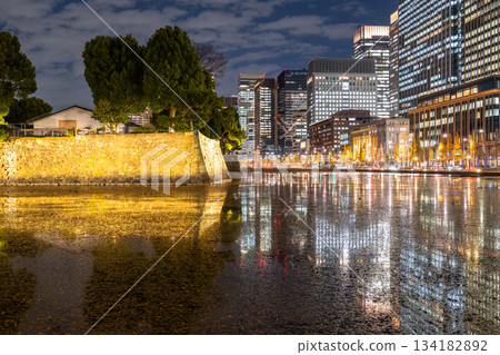 東京:丸之內夜景倒映在護城河中 東京:丸之內夜景倒映在護城河中 134182892