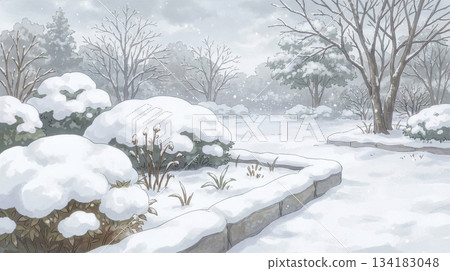 一片花壇和灌木叢被厚厚的積雪覆蓋著。 一片花壇和灌木叢被厚厚的積雪覆蓋著。 134183048