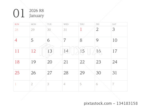 2026年1月有橫格紙的日曆 134183158