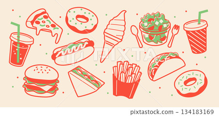 Fast food illustration set in retro colors 134183169