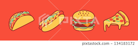 墨西哥捲餅、熱狗、漢堡、披薩——速食插圖 134183172