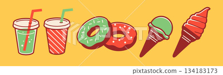 飲料、甜甜圈和冰淇淋插圖 134183173