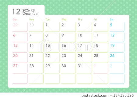 2026 年曆 12 月圓點 134183186