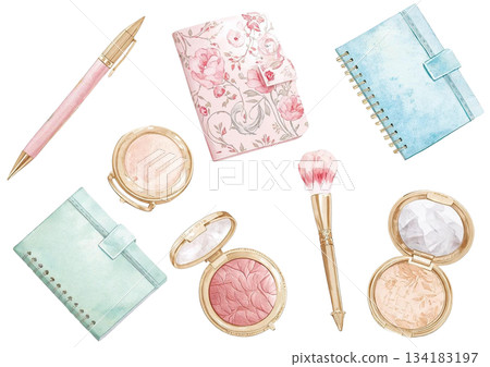 粉紅色配件和腮紅套裝插圖 134183197