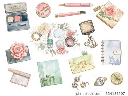 化妝品和彩妝的水彩插畫 134183207